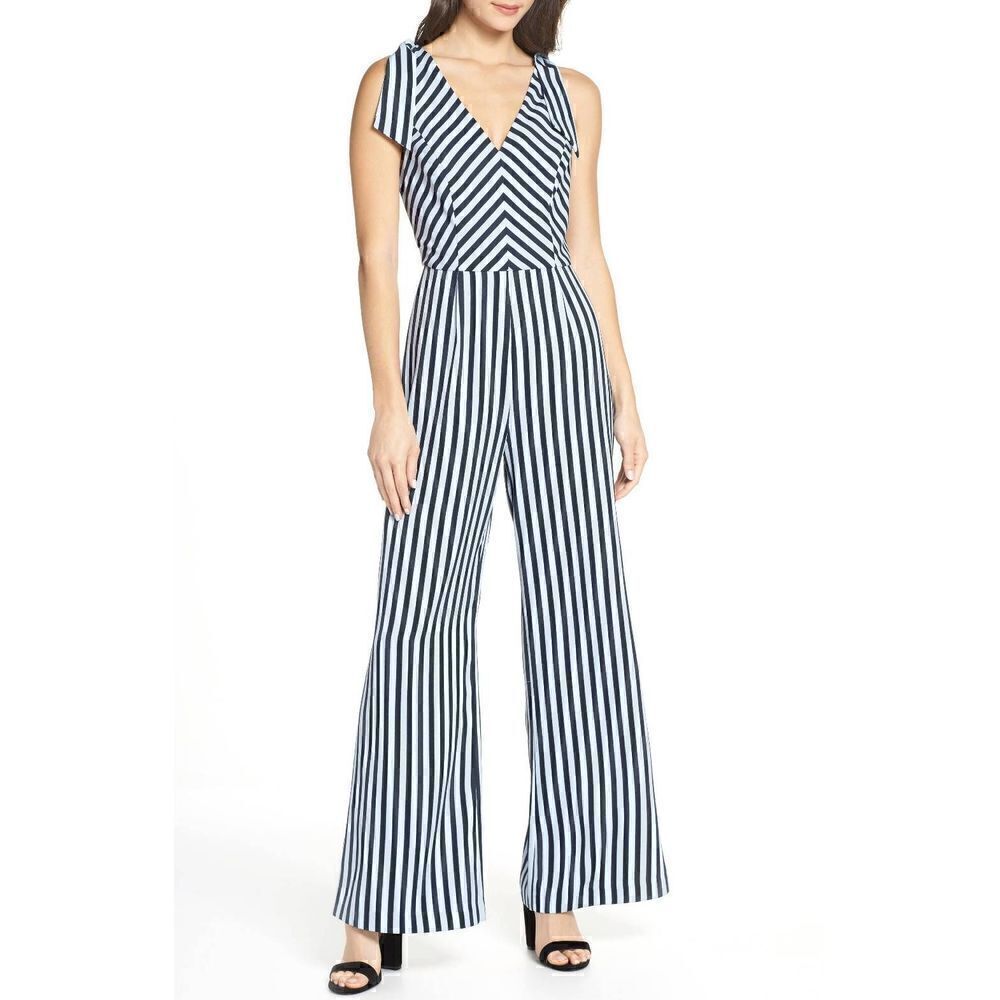 Charles Henry Stripe Tie Shoulder Jumpsuit Navy Size L